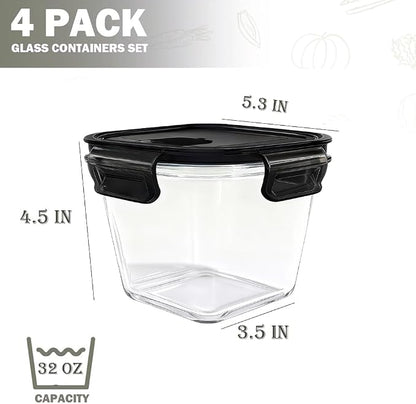 H.JSS WDJS 32oz Square Glass Food Storage Containers with Lids, 4 Cup Glass Soup Containers, Heat-Resistant BPA free Square Meal Prep Bowls for Microwave, Freezer, Dishwasher safe (4Packs)