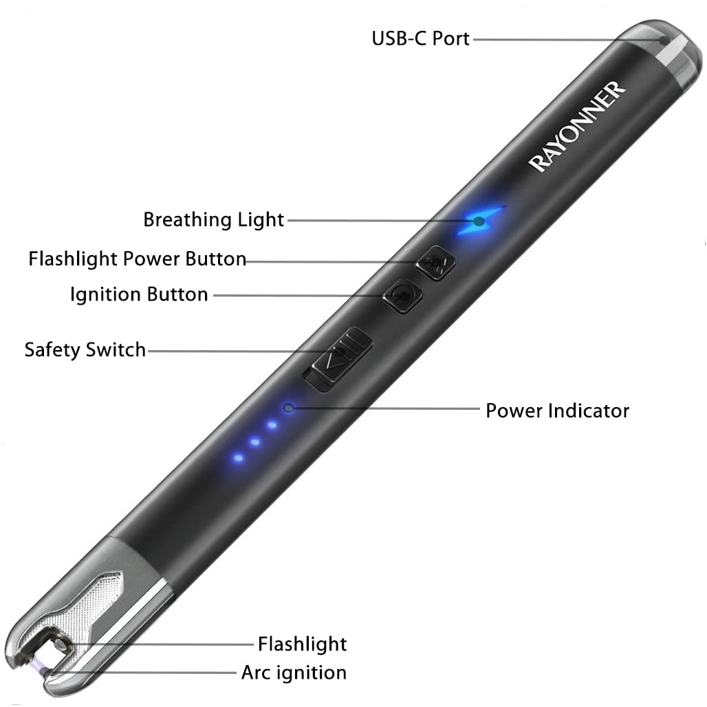 RAYONNER Lighter Electric Candle Lighters with Flashlight Windproof & Flameless USB Rechargeable with Safety Switch