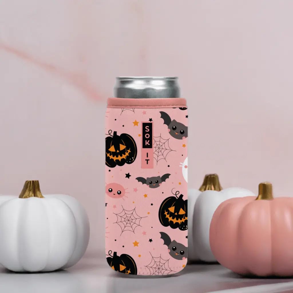 Sok It CanSok Sleeve for Beer & Soda Insulated Neoprene Cover (Spooky in Pink, 12oz Slim Can Sleeve)