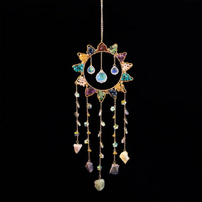 7 Chakra Crystal Sun Catcher Hanging Decor, Rainbow Maker with 3 K9 Crystal Prism Balls & Natural Crystal Stone, Wall and Window Decor Ornament for Home, Bedroom, Balcony, Handmade Gift.