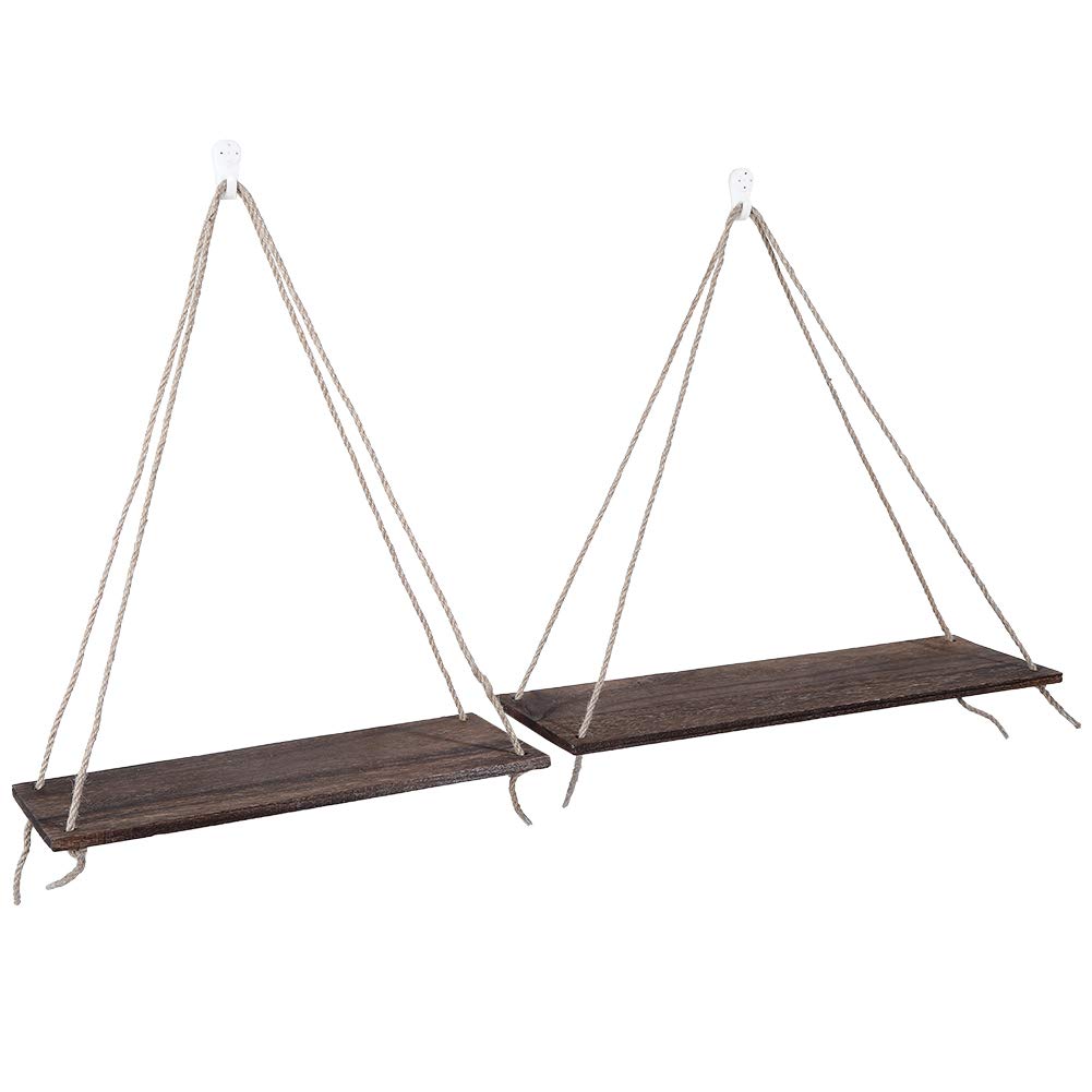 Eeneme 2 x Wooden Hanging Rope Hanging Plant Flower Pot Shelves Home Decorations (Retro Colour)
