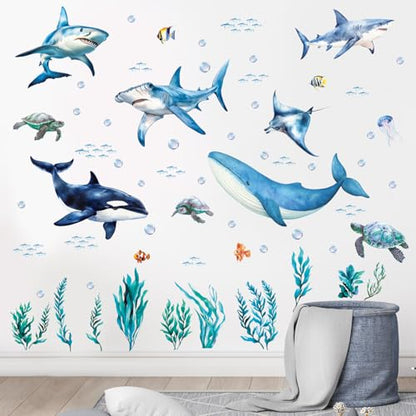 SHUCHING Removable Shark Wall Decals Peel and Stick, Vinyl Ocean Wall Sticker, Under The Sea Wall Decor Art for Nursery Playroom