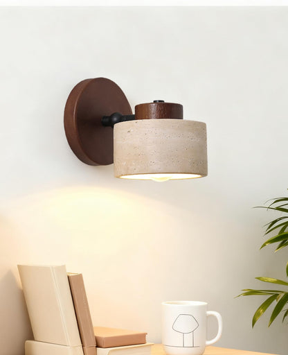 WOSBO Yellow Travertine Wall Lamp, 4.7" Wabi Sabi Marble Wall Sconce with Adjustable Natural Stone Lampshade & Wood Base, Mid Century Modern Wall Sconce for Bedside Bedroom Living Room Kitchen Island