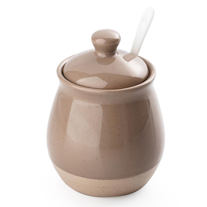 famiware Milkyway Sugar Bowl with Lid and Spoon, 10oz Ceramic Sugar Jar/Pot/Dispenser for Salt, Condiments, Spice, Seasonings, Sugar Container for Coffee Bar, Kitchen, and Countertop, Cinnamon Brown