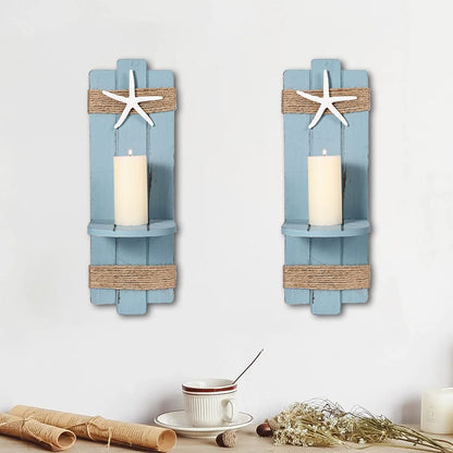 SOMTO Beach Starfish Wall Candle Sconces Decor,Ocean Themed Wall-Mount Candle Holders, Coastal Farmhouse Nautical Rustic Decorations for Bathroom, Living Room, Dining Room and Office, Set of 2