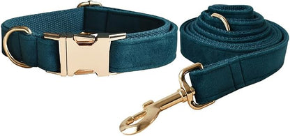Love Dream Velvet Dog Collar and Leash Set, Soft & Comfy Adjustable Dog Leash and Collar with Heavy Duty Metal Buckle for Small Medium Large Dogs Training & Walking (Large, Peacock Green)