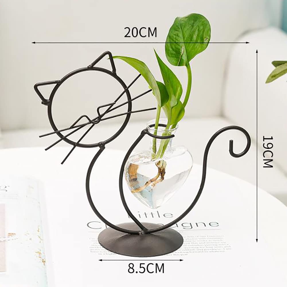 Likense Glass Planter Vase Holder, Lovely Cat Shape Hydroponics Vase with Metal Holder for Hydroponics Plants Black B