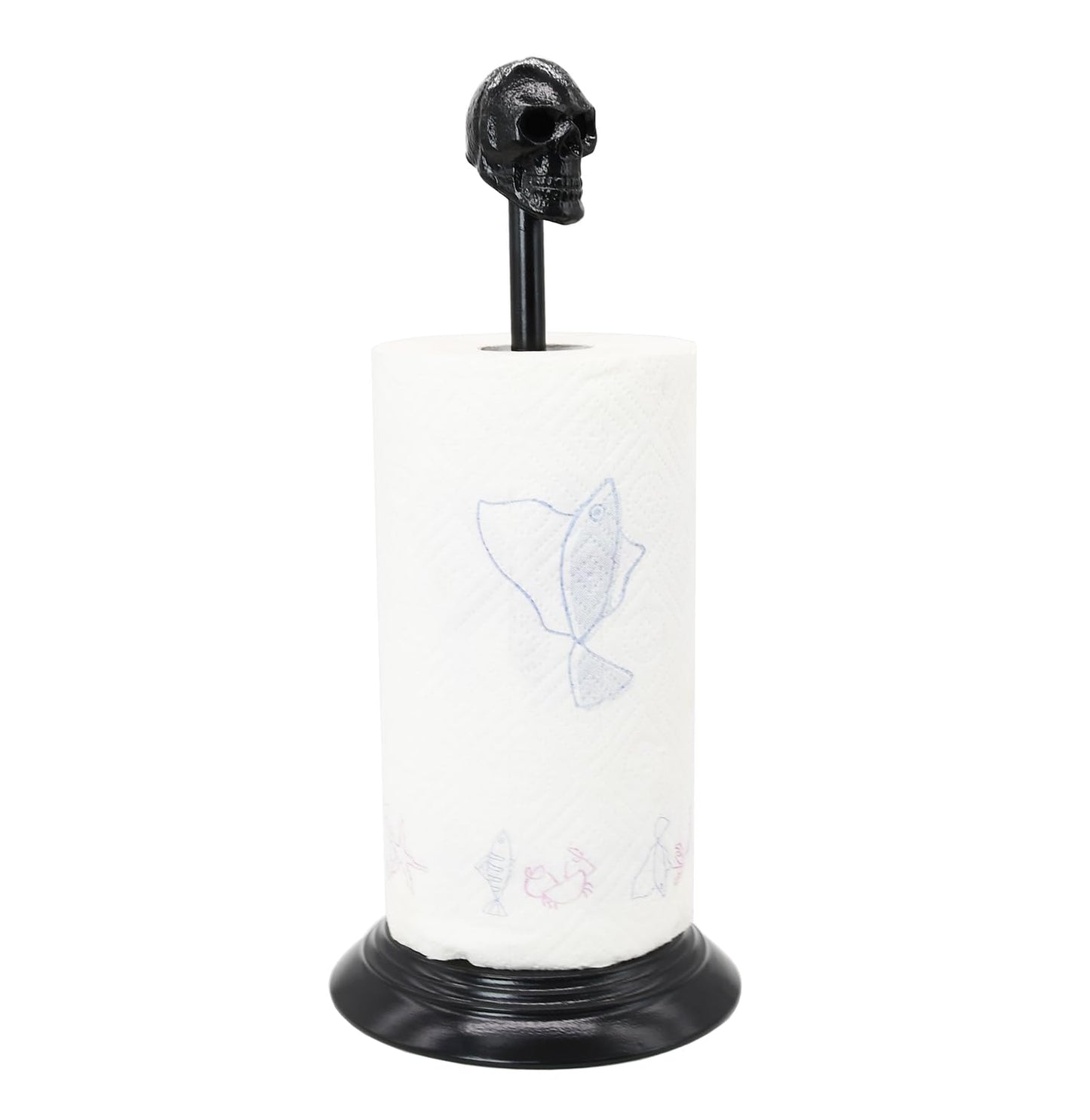 Owlgift Black Skull Paper Towel Holder – Gothic Cast Iron Head, Matte Iron Base, Dark Home & Halloween Kitchen Decor, 14.6” Tall