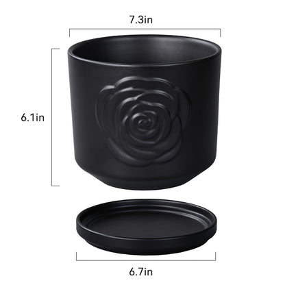 Ekirlin 7 inch Plant Pots,Ceramic Rose Flower Planters Indoor,Modern Succulents Containers with Drain Hole Saucer,Weatherproof Pot for Decorate Home,Office & Outdoor (Black)