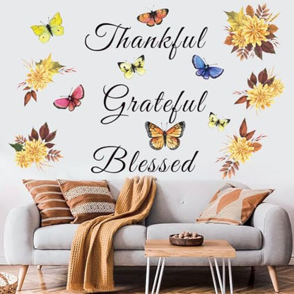 Inspirational Wall Decal Quote Grateful Thankful Blessed Wall Decor Removable Peel and Sticker Vinyl Wall Paper Wall Sticker for Kitchen Dining Room Living Room Bedroom.