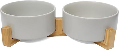 Dog Food Bowl, 28.7 oz Ceramic Food and Water Bowls for Dogs, Pet Dishes Set with Wood Stand, for Small Size Dog and Cat, No Spill Feeding Station with Weighted Base, Grey
