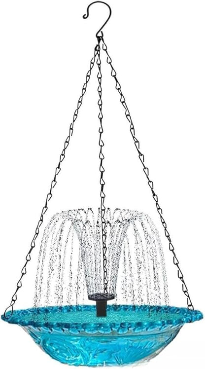 Hanging Solar Bird Bath Fountain with Water Pump, Plastic Basin, 4 Nozzles, Sturdy Metal Chains, Outdoor Garden Decor (Cannot Spray Water, Blue)