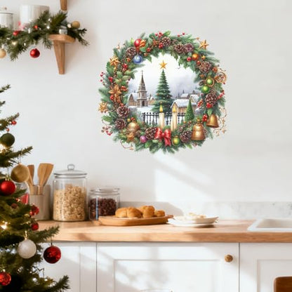 Christmas Wreath Wall Decal ? Classic Holiday Candle & Church Scene Sticker with Bells, Pinecones & Ornaments, Removable Vinyl Winter Wall Decor for Living Room, Window, Fireplace & Door Decoration