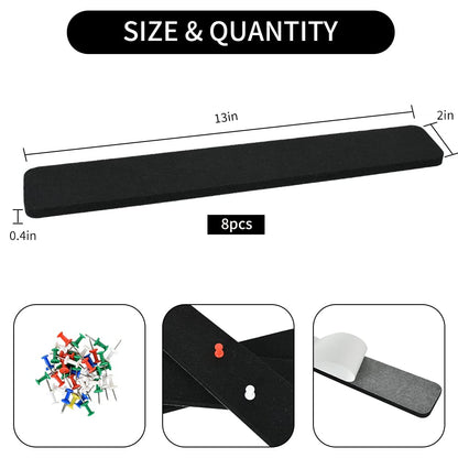 Vuzvuv 8 pcs Bulletin Board Bar Strips with 50 Pushpins & 10 Wooden Clip pins，Self Adhesive Cork Board for Wall，Felt Pin Board for School，Office Decor(Black)