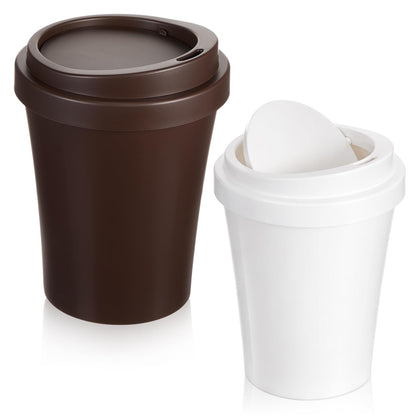 Xuhal 2 Pcs 0.9 Gallon Coffee Cup Desktop Trash Can with Swing Lid, Small Plastic Brown and White Waste Bin for Office Coffee Table, Mini Countertop Wastebasket for Desk Vanity Counter Tabletop