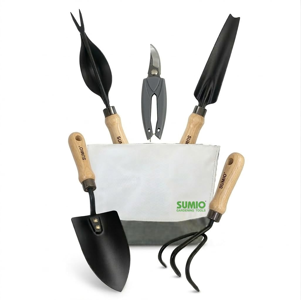 SUMIO 6PCS Gardening Tool Set with Storage Bag, Garden Hand Tools Kit with Pruner, Trowel, Transplanter, Cultivator & Weeder – Durable Gardening Gift Set for Women & Garden Lovers