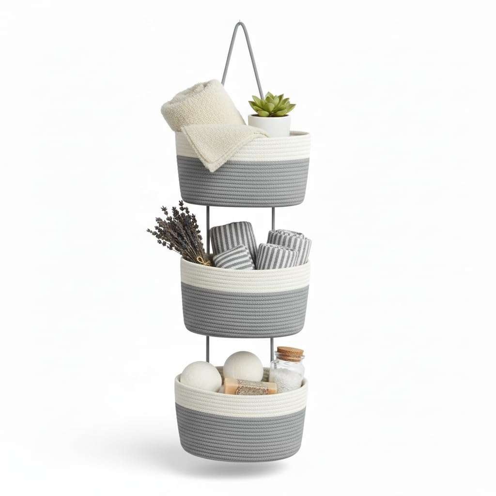 Wycoroy 3-Tier Woven Cotton Rope Hanging Basket, Over the Door Organizer, Adjustable Detachable Wall Basket with Metal & Adhesive Hooks, No Drilling for Farmhouse, Boho Home and Wall Decor
