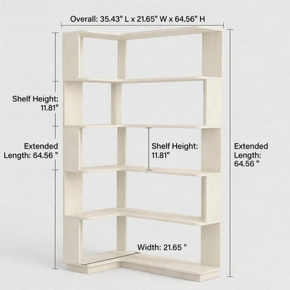 Arvolia 6 Tier Corner Bookshelf, Freestanding L-Shaped Wooden Bookcase with Open Shelves, Anti-Fall Panels and Anti-Tipping Device for Living Room, Home Office (White with Right Extension)