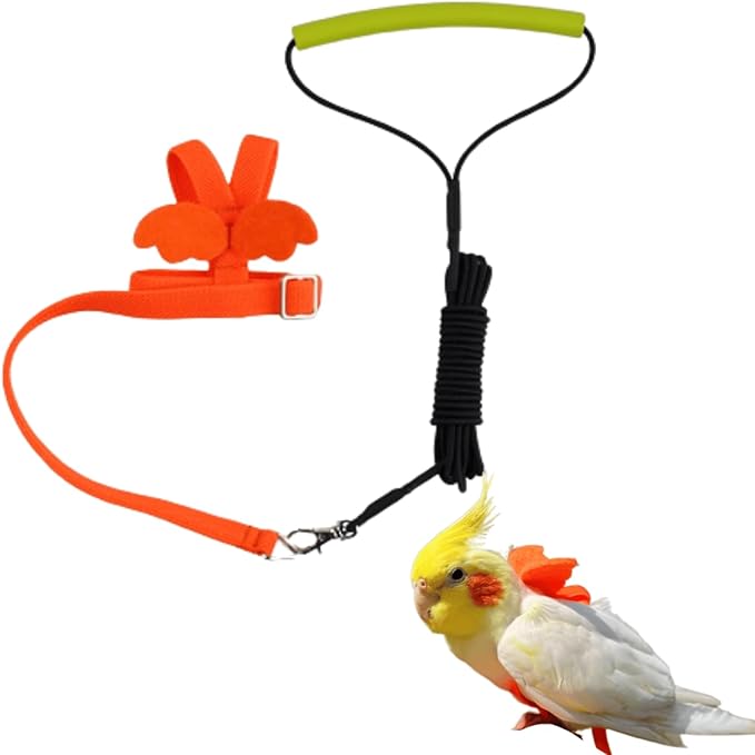 Pet Parrot Bird Harness and Leash, Adjustable Training Design Anti-Bite, Bird Nylon Rope with Cute Wing for Lovebird Budgie African Grey Macaw Conure (Orange,L)