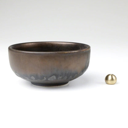 Asayu Japan Zen Incense Holder – 3.9" (100 mm) Ceramic Incense Bowl with Brass Burner, Made in Japan Mino Ware, Modern Wabi-Sabi Style in Metallic Black, Brown & Gold