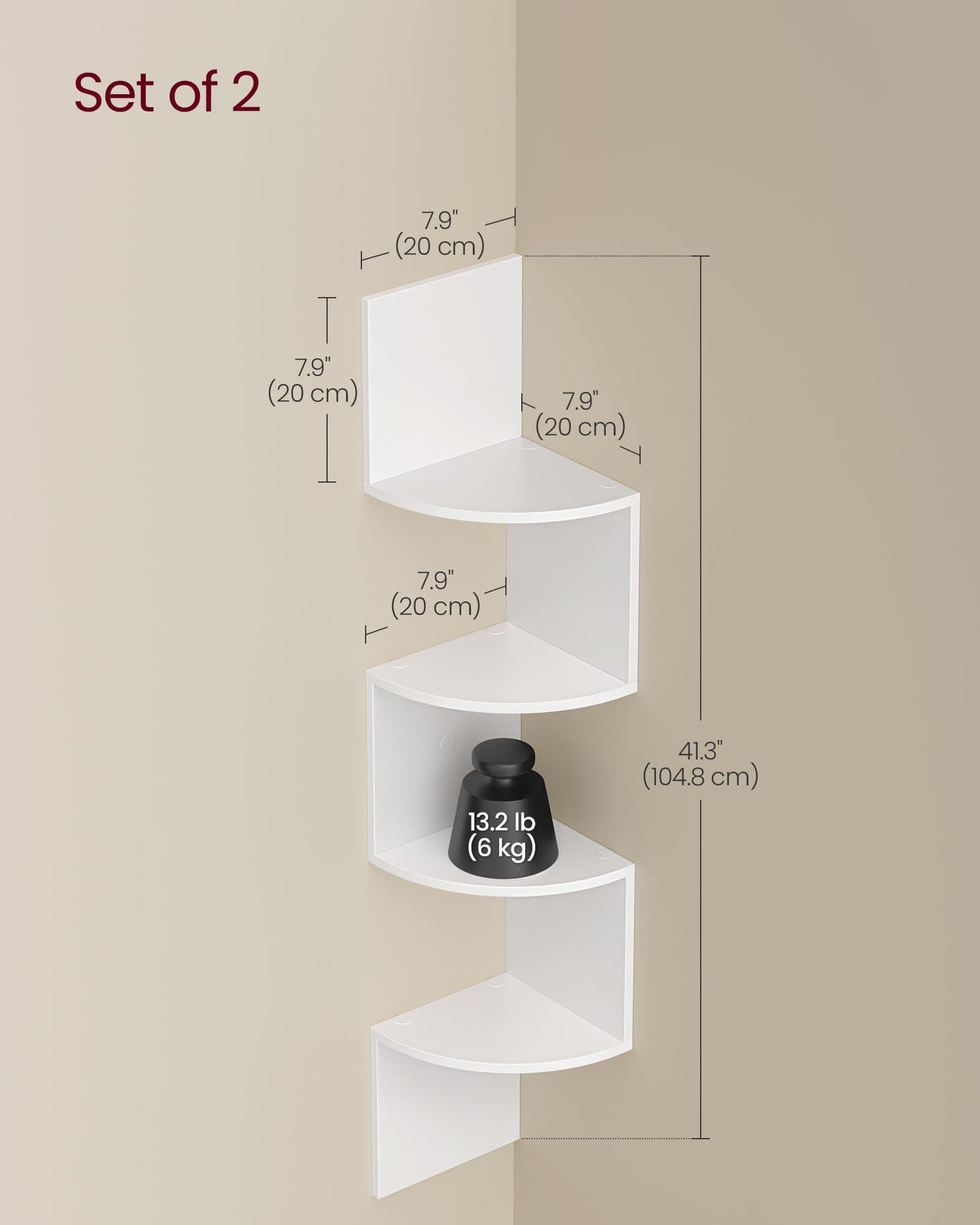 VASAGLE Set of 2, Corner Shelves Wall Mount, 4-Tier Floating Corner Bookshelves, Plant Shelves for Bedroom, Living Room, Bathroom, Home Office, Cloud White