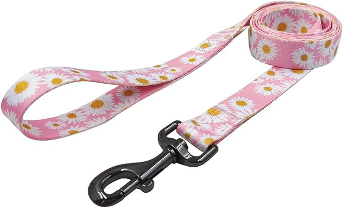 Dog Collar Leash Set, Floral Pattern, Polyester Material, Adjustable Collar and 5ft Matchcing Leash, for Large Dogs.(L, Light Pink Daisy)