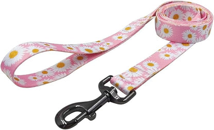 Dog Collar Leash Set, Floral Pattern, Polyester Material, Adjustable Collar and 5ft Matchcing Leash, for Small Dogs.(S, Light Pink Daisy)