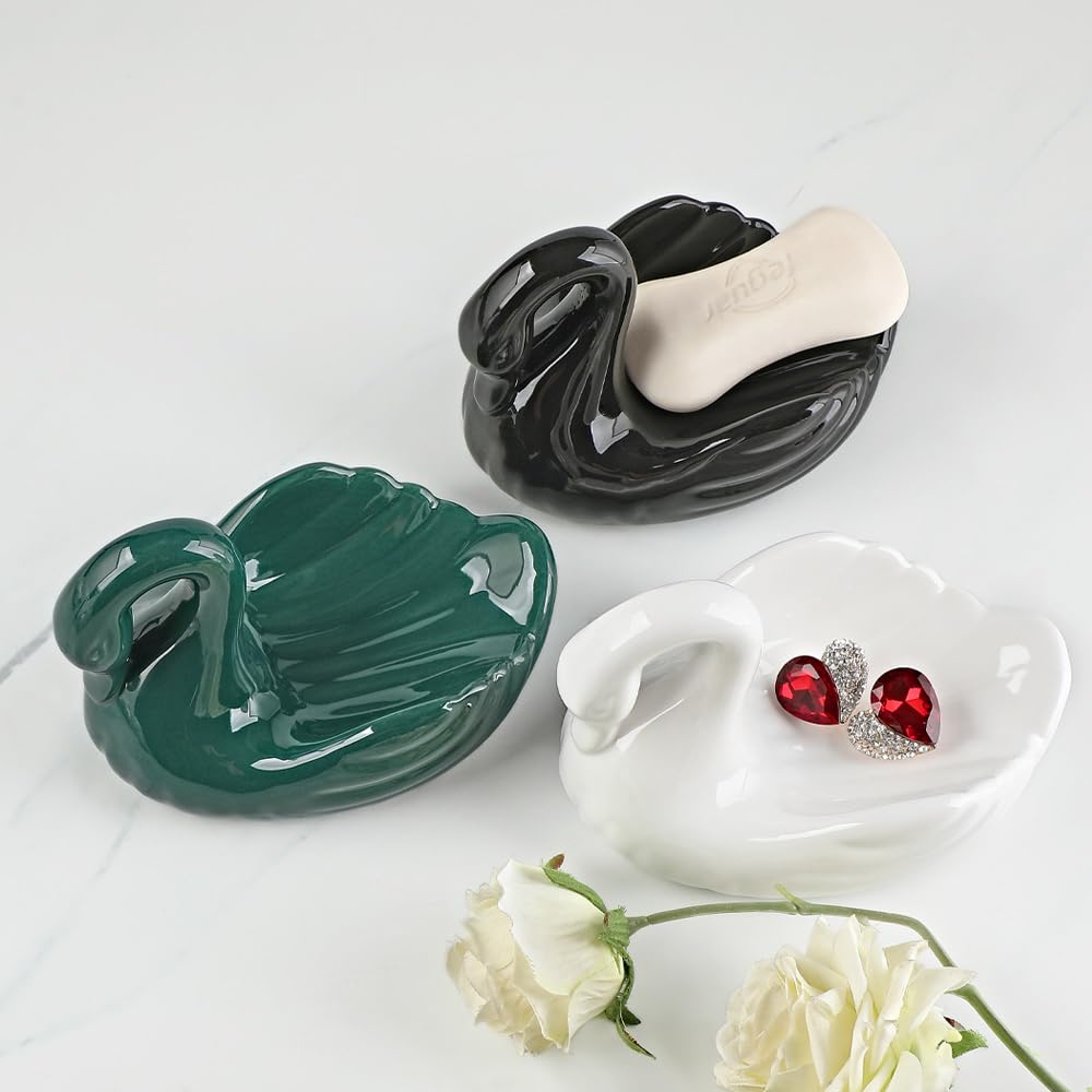 Draining Soap Dish, Elegant Swan Shape, Fluted Design, Cute Ceramic Tray(Black)