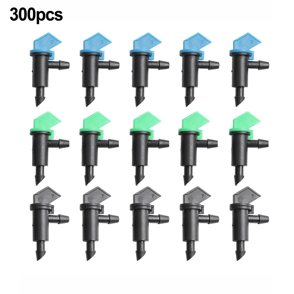 SundiooK Adjustable Flow Garden Drip Emitters, PE Plastic Irrigation Drippers with Shut-Off Valve, Fits 4/7mm Tubing for Plant Watering, 60 or 300 Packs