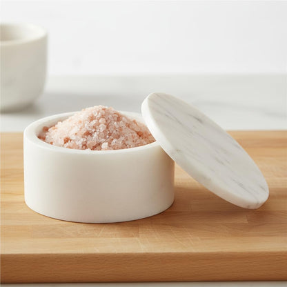 Queenza White Marble Salt Cellar with Lid – Handmade 3 Inch Marble Salt Bowl, Kosher Salt Keeper, Spice & Herb Container