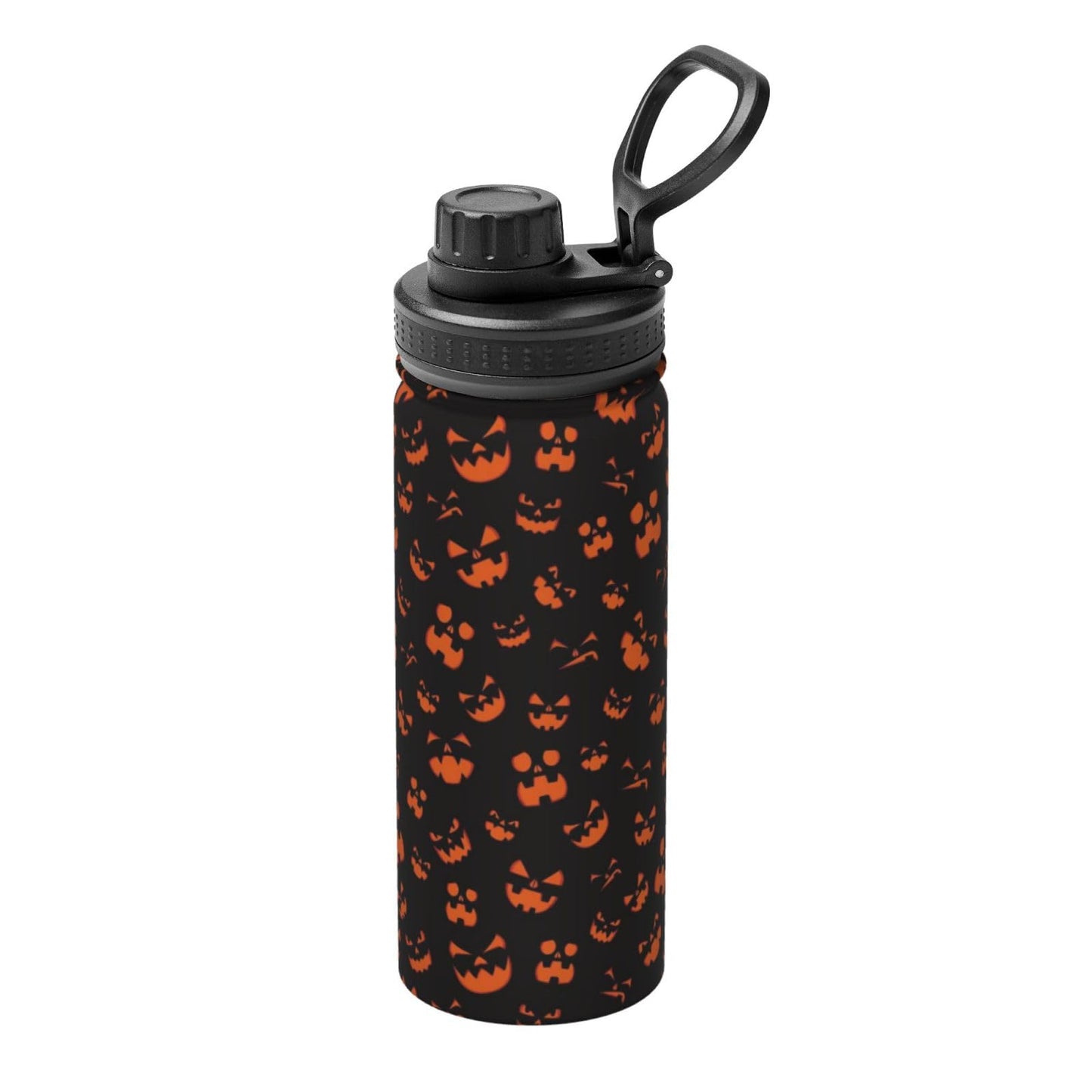 SOUWEWU 18oz Scary Pumpkin Face Sports Water Kettle with Handle, Double Wall Vacuum Insulated Hot and Cold Black Tumbler, Halloween Print Water Bottle for Gym Outdoor
