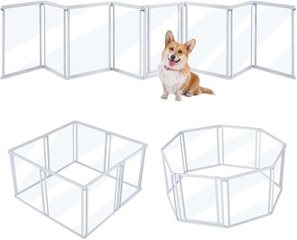 unipaws Clear Acrylic Transparent Dog Playpen, 166” Extra Wide 8 Panels Freestanding Walk Through Dog Gate, Foldable Pet Pen Whelping Cage for Puppy Cats