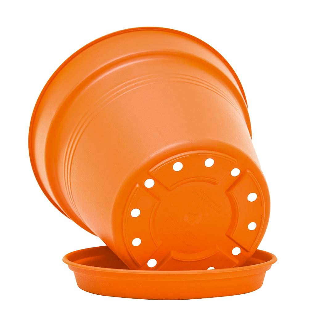 Mintra Garden Pots, 4 Pack Bulk Plastic Plant Pots with Drainage Tray, Round Indoor & Outdoor Decorative Planters with Drain Holes for Flowers, Herbs & Plants, 19cm Diameter – Orange, 7.5 in