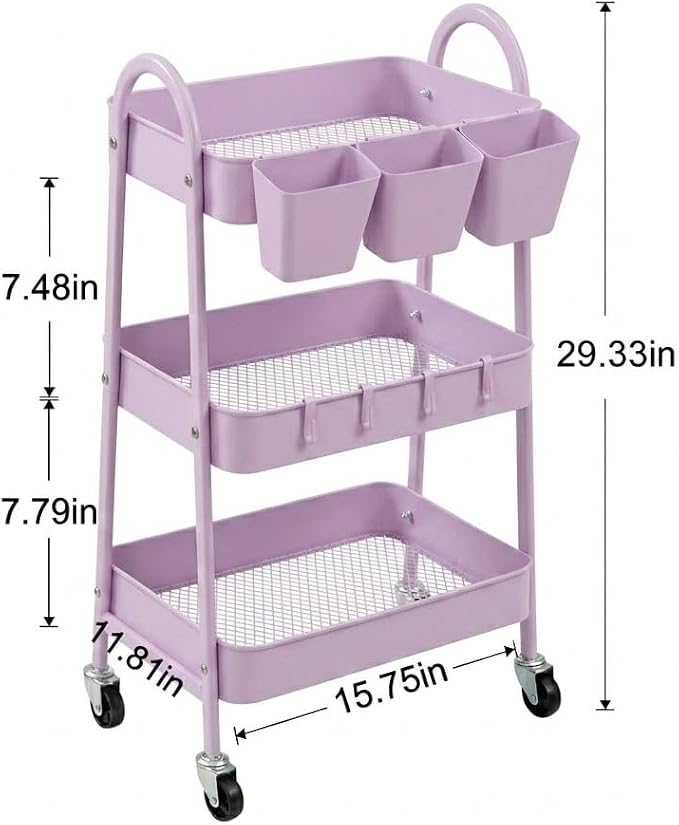 danpinera 3-Tier Rolling Cart, Utility Cart Mobile Metal Rolling Storage Cart with Lockable Wheels & Hanging Cups & Hooks for Kitchen, Bathroom, Office, Workshop, Purple