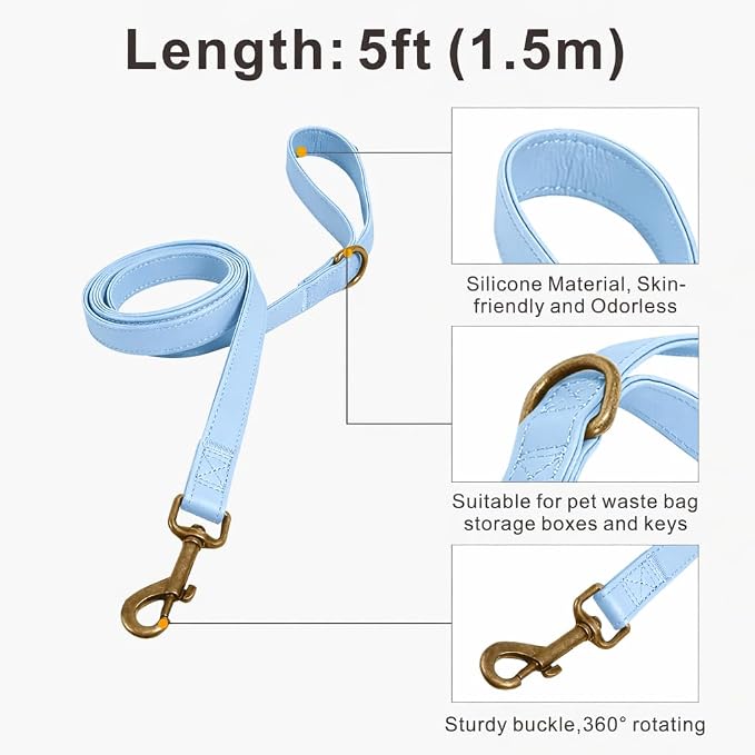 Silicone Dog Collar and Leash Set, Waterproof & Odor-Proof Puppy Collar for Small Dogs, Soft Flexible Leather-Look Dog Collars, Durable Thick Adjustable Pet Collar (Blue, Medium (12.5-20" Neck))