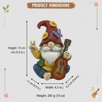 GoGnome Peace Sign Garden Gnome Figurine Outdoor Statue, Funny Guitar Playing Dwarf Rock Music Decor - 6‘’ Resin Lawn Ornament, Unique Housewarming Gift for Music Lovers & Gardeners (Red)