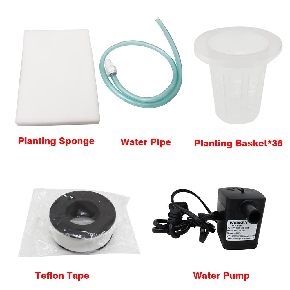 EQCOTWEA Wall-Mounted Hydroponic Grow Kit 36 Plant Sites Hydroponics Planting System 4 PVC Pipes Hydroponic Gardening Indoor System with 110V Water Pump,Planting Sponge,Hose