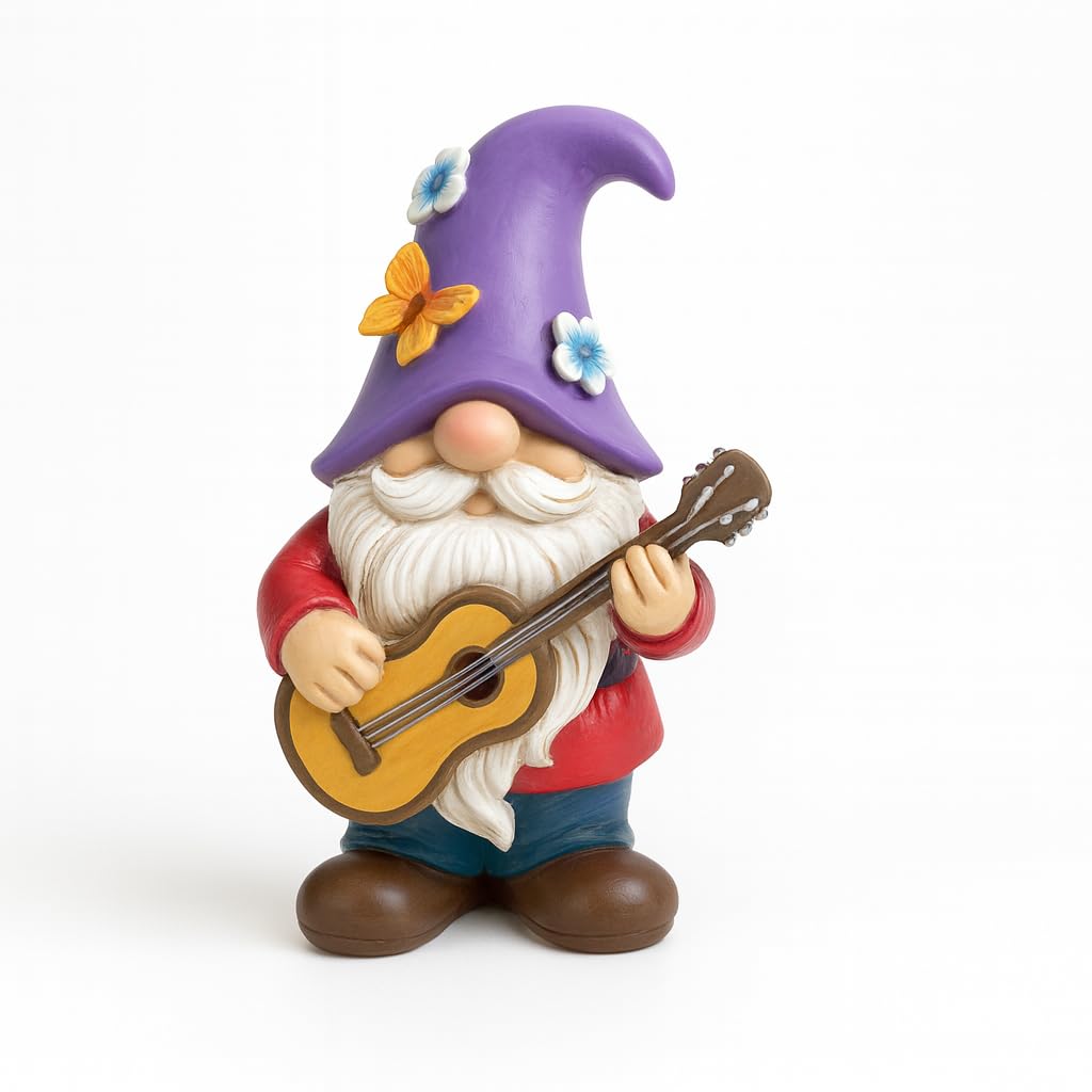 GoGnome Musical Gnome Figurine with Guitar – Handcrafted Resin Garden or Shelf Decoration, 6.2" Tall Whimsical Gnome Statue with Purple Hat, Flowers & Butterfly, Gift for Music Lovers (Purple)