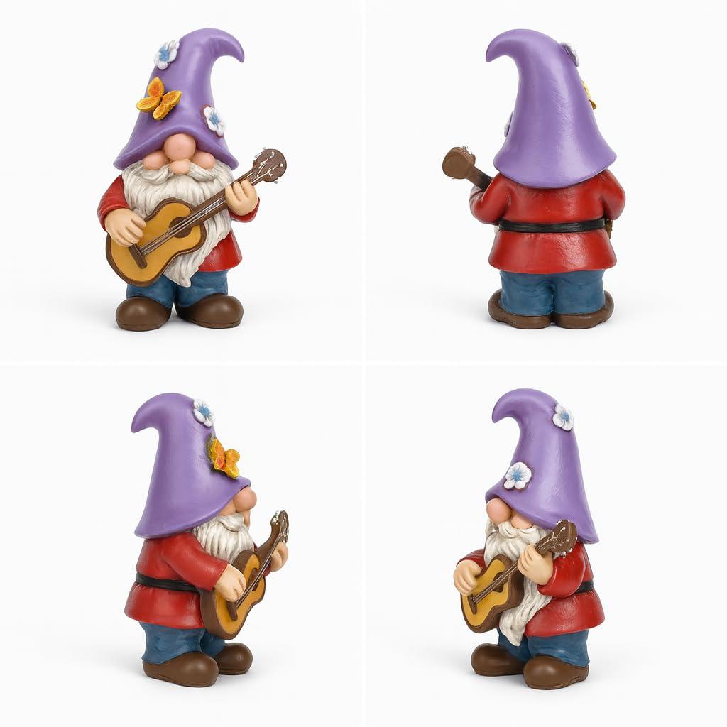 GoGnome Musical Gnome Figurine with Guitar – Handcrafted Resin Garden or Shelf Decoration, 6.2" Tall Whimsical Gnome Statue with Purple Hat, Flowers & Butterfly, Gift for Music Lovers (Purple)