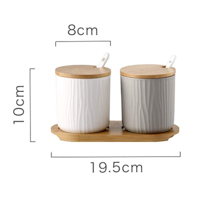 OnePine Set of 2 Ceramic Sugar Bowl 300ml Ceramic Spice Jar Condiment Pots with Bamboo Lid and Ceramic Spoon for Home and Kitchen, Height 3.93 inch,White and Gray