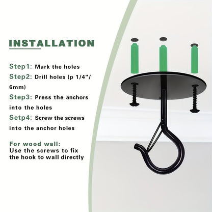 Taeekiy Ceiling Hooks for Hanging Plants Holder with Safety Buckle,Ceiling Decor Hook Heavy Duty,Metal Plant Hanger Indoor&Outdoor.Hooks for Hanging Plants,Wind Chime,Bird Feeders (Black, 2PCS)