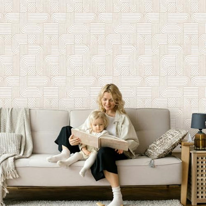 Modern Peel and Stick Wallpaper Boho Contact Paper for Cabinets Drawers Beige and White Striped Geometric Self Adhesive Wallpaper for Bedroom Bathroom Wall Decor Neutral Vinyl 17.3inW 78.7inL