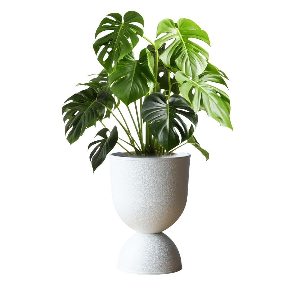 Modern Hourglass Planter, Indoor Decorative Plastic Plant Container, Textured Metal Look, Contemporary Home Garden Pot (WHITE, CUP001)