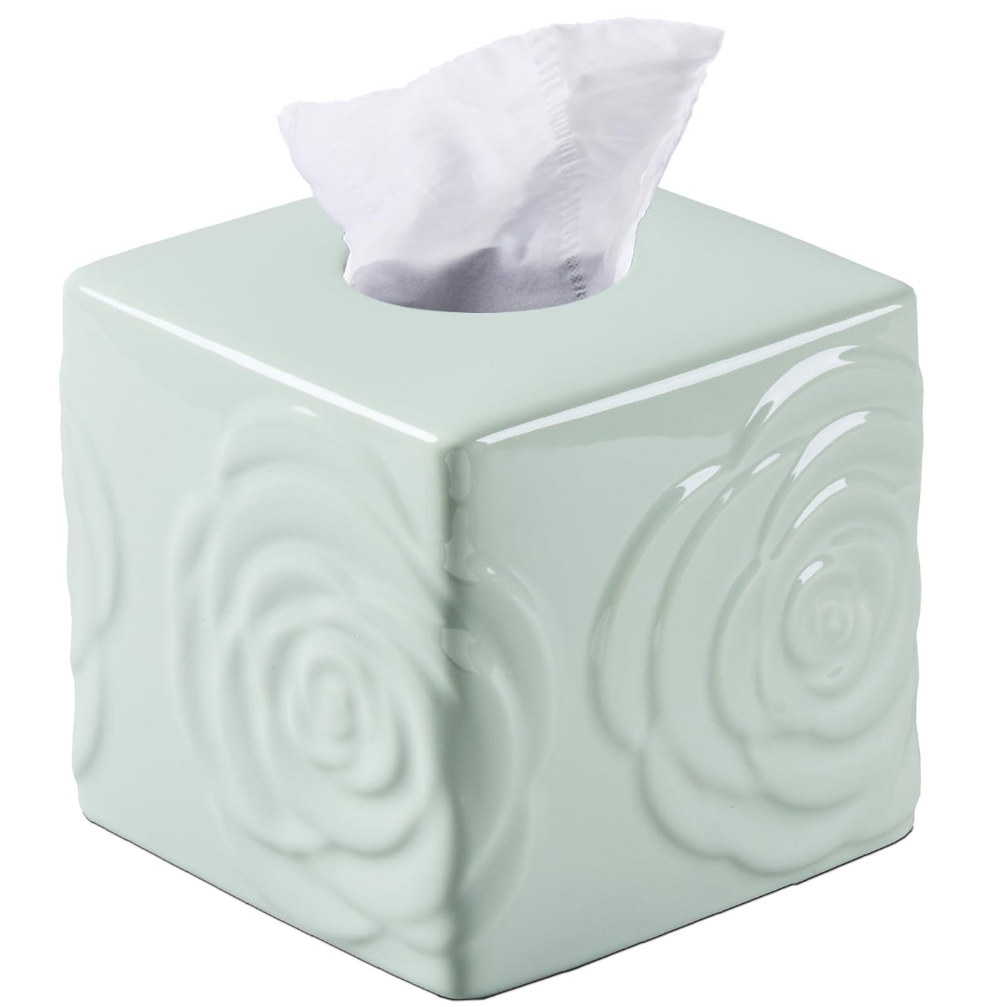 Light Green Ceramic Cube Tissue Box Cover with Rose – Large Elegant Rose Floral Square Decorative Tissue Box Holder for Bathroom, Bedroom, Office Desk, Kitchen Counter – Perfect Housewarming Gift