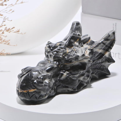 Bmuafry 6''Natural Dragon Head Crystal Skull Head Hand Carved Reiki Healing Stone Statue Healing Home Office Art Room Decoration (Picasso Stone, 6inch)