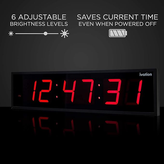 Ivation Oversized Large Digital Wall Clock - Big LED Digital Clock w/Large Display & Durable Aluminum Frame, Shelf or Wall Mount (36 Inch - Red) 6 Brightness Levels | Time Memory | Remote