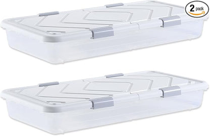 VEVOR Under Bed Storage with Wheels, 39.8 x 20.1 x 5.9 inch Underbed Containers, Underbed Shoes Organizer with Lid & Gray Latch, Rolling Under the Bed Storage Bins for Clothes Shoes Blankets, 2 Pack