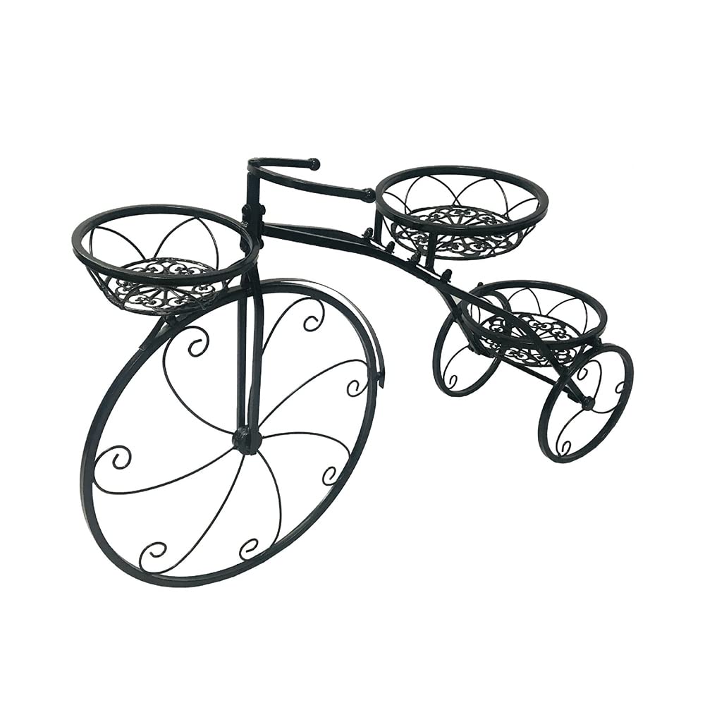 Iron Flower Plant Stand 3 Potted Bicycle Shape Garden Planters Rack Patio Metal Display Shelf Stand Indoor Outdoor (Black- Round) (20.1inh) (Black )