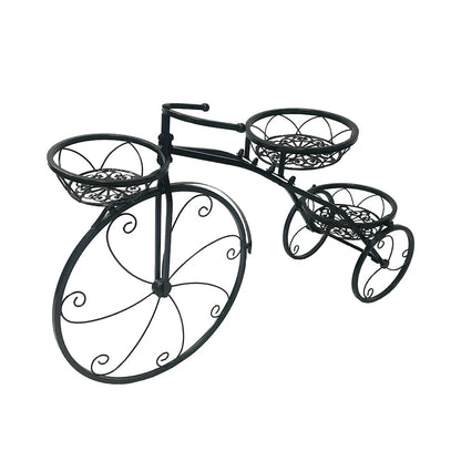 Iron Flower Plant Stand 3 Potted Bicycle Shape Garden Planters Rack Patio Metal Display Shelf Stand Indoor Outdoor (Black- Round) (20.1inh) (Black )