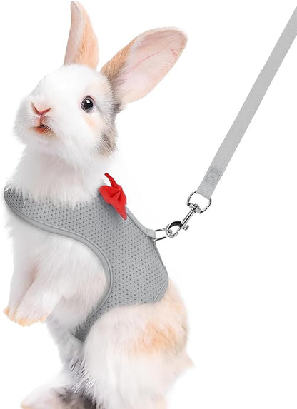 Grey Rabbit Harness and Leash Set, with Cute Bow Soft Breathable Mesh Bunny Vest Harness for Rabbits Kitten Ferret Puppy Small Pets Walking, M